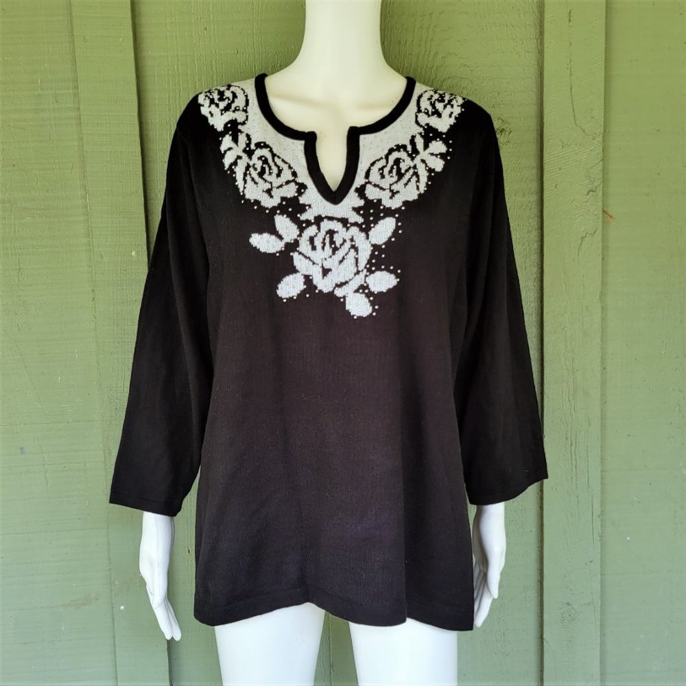 CATHY DANIELS Black White Sweater 2X